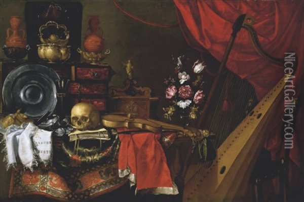 A Vanitas Still Life With A Skull Resting On A Book With Other Pewter Objects On A Carpet-draped Table Oil Painting - Giuseppe Recco