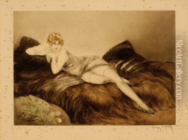 Lady Reclining On A Sofa Oil Painting - Louis Icart