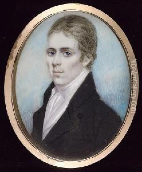 A Miniature Portrait Of A Gentleman Wearing A Black Coat, White Waistcoat And Stock Oil Painting - Andrew Plimer