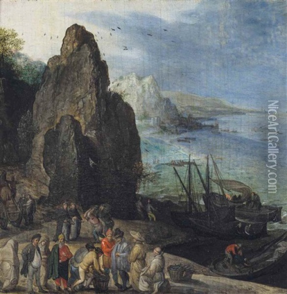 A Rocky Coastal Landscape With Fishermen And Merchants Near A Landing Stage Oil Painting - Gillis van Valckenborch