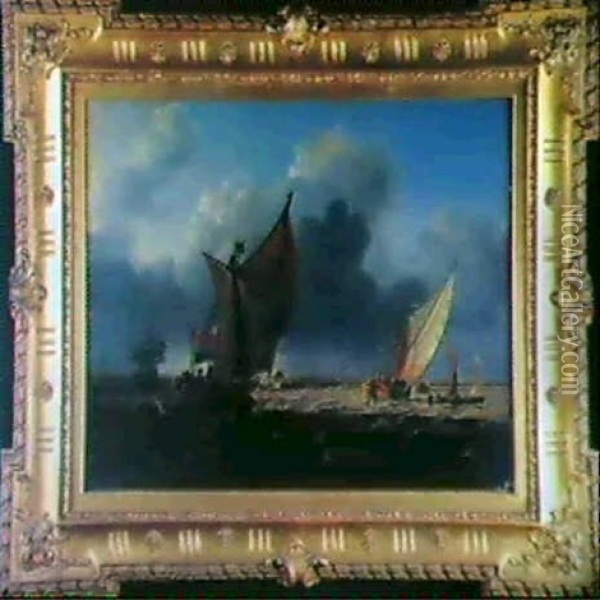 Dutch Pinks And A Man O'war Thought To Be Off Amsterdam Oil Painting - Charles Martin Powell