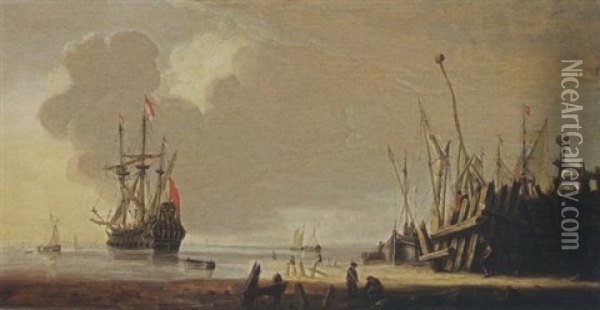 A Man-of-war In Calm Waters With Other Vessels, Other Sailing Boats Moored At A Quay In The Foreground Oil Painting - Hendrik Jacobsz Dubbels