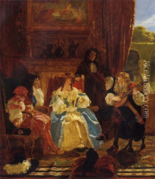 A Musician Serenading Charles Ii And Nell Gwynne As Witnessed By John Evelyn Oil Painting - Edward Matthew Ward