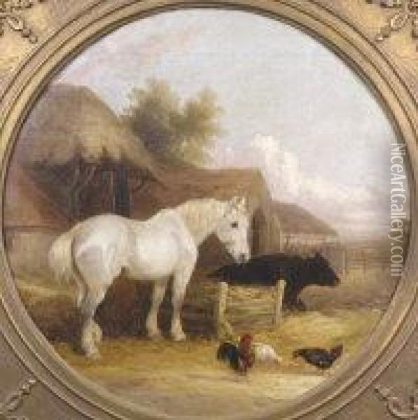 A Farmyard Scene With Horse, Chickens And Cow Oil Painting - John Frederick Herring Snr