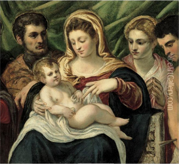 Madonna Col Bambino E Santi Oil Painting - Jacopo Robusti, II Tintoretto