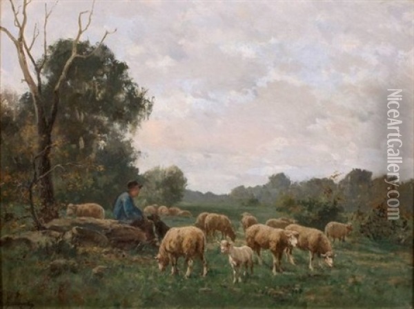 Jeune Berger Et Troupeau De Moutons Oil Painting - Clement (Charles-Henri) Quinton