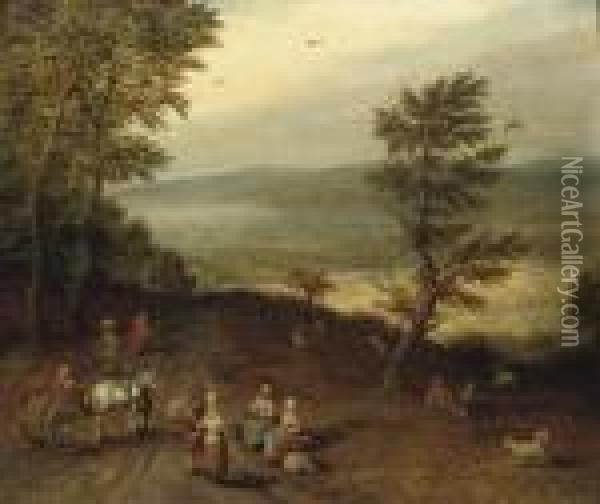 An Extensive Wooded Landscape 
With Peasants On A Track, A Resting Shepherd And His Flock Nearby Oil Painting - Jan Brueghel the Younger