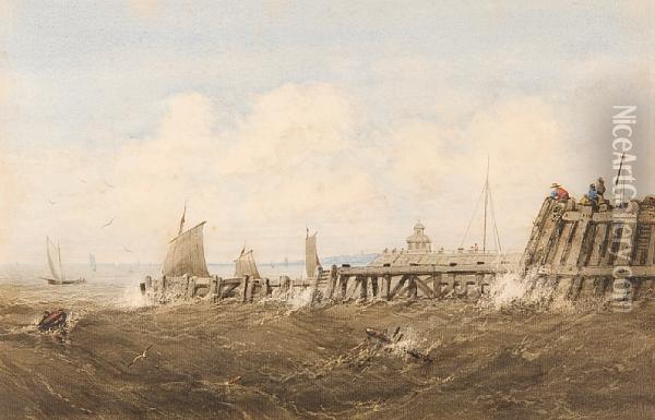 Rough Seas At Yarmouth Harbour Oil Painting - Will. Philip Barnes Freeman