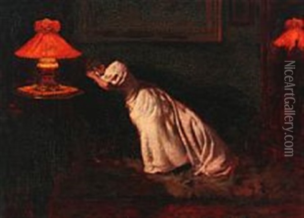 Interior With Distraught Woman Oil Painting - Carl Carlsen