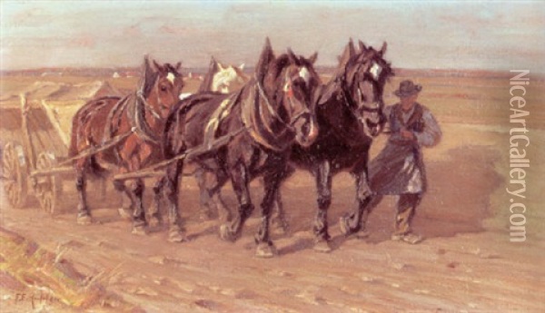 Ein Bauer Fuhrt Seine Pferdegespanne Uber Einen Acker Oil Painting - Friedrich Eckenfelder