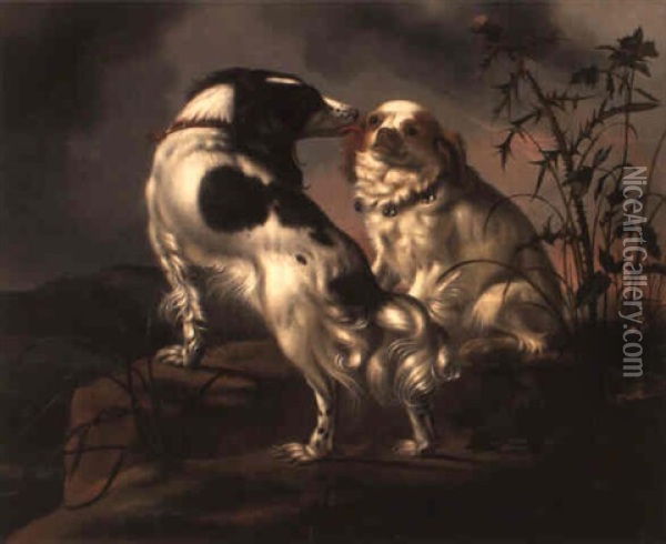 A Marlborough And A Liver And White Spaniel In A Rocky Mountain Landscape Oil Painting - Adriaen Cornelisz Beeldemaker