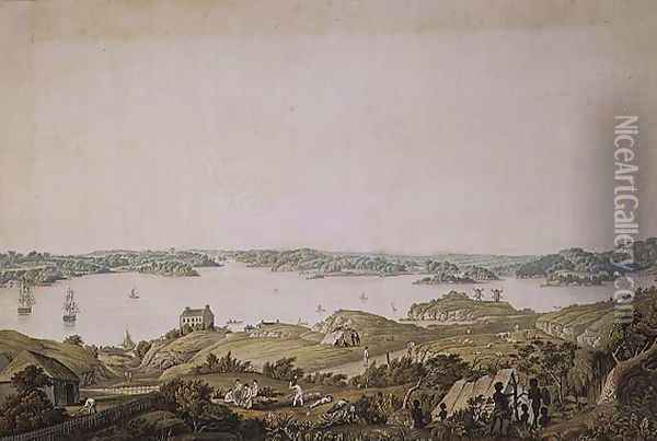 Part of the harbour of Port Jackson and the country between Sydney and the Blue Mountains, New South Wales, right section of a panoramic view, c.1821 Oil Painting - Taylor, Major James