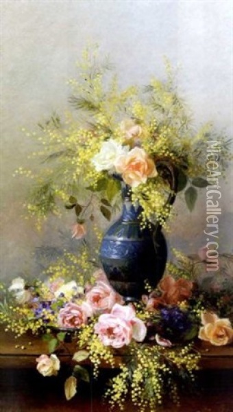 Violettes Roses Et Mimosas Oil Painting - Marthe Elizabeth Barbaud-Kock