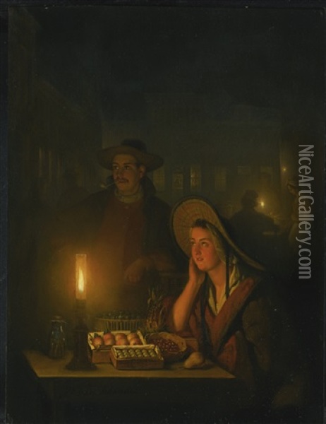 Fruit Sellers By The Light Of A Paraffin Lamp Oil Painting - Petrus van Schendel