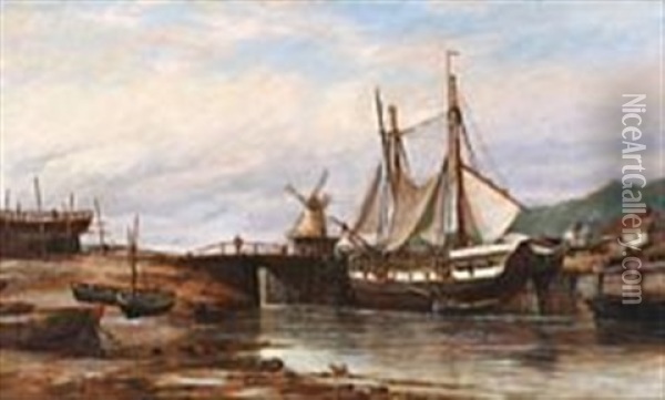 River Scene With Sailings Ships Near A Lock Oil Painting - Richard Henry Nibbs