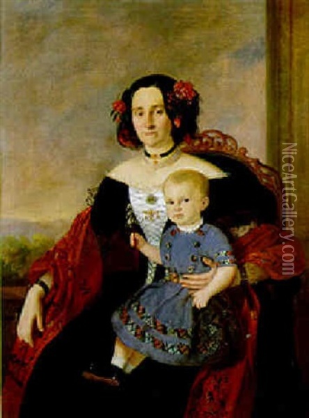 Portrat Einer Adeligen Dame Mit Kleinkind Oil Painting - Johann Nepomuk Mayer