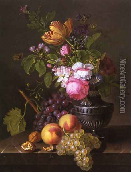 Still Life with Flowers, Peaches and Grapes Oil Painting - Jean-Baptiste Desprest