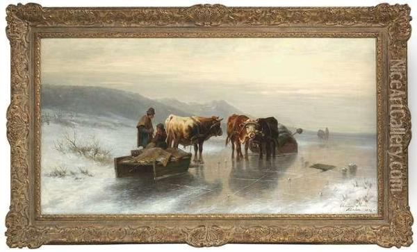 Wintry Landscape With Two Teams Of Oxens On A Frozen Lake Oil Painting - Christian Friedrich Mali