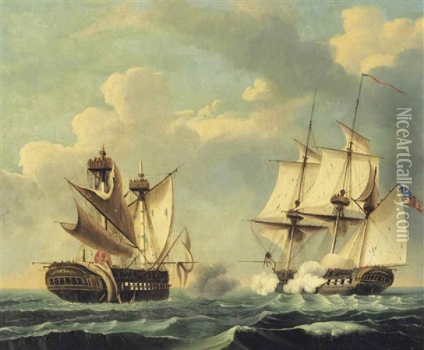 The H.m.s. Macedonian Surrendering To The U.s.s. United States Commanded By Captain Stephen Decatur Oil Painting - Thomas Birch