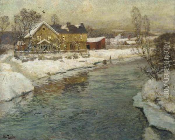 A Cottage By A Canal In The Snow Oil Painting - Fritz Thaulow