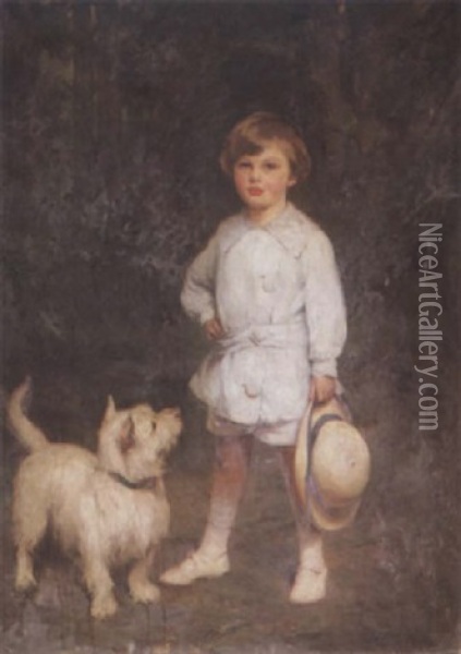 Boy With A West Highland White Oil Painting - P(ercy) Harland Fisher