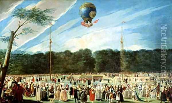 The Ascent of the Montgolfier Balloon at Aranjuez 2 Oil Painting - Antonio Carnicero