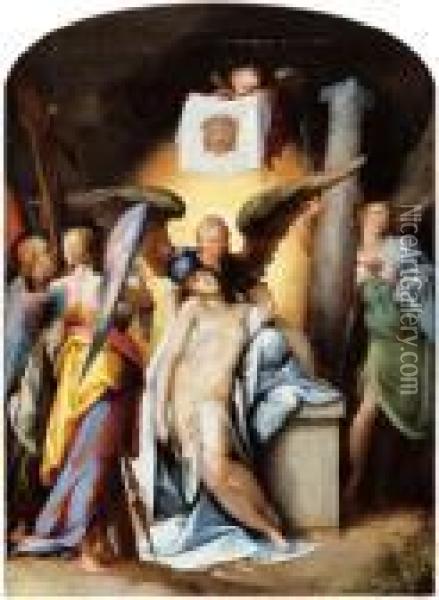 Cristo Circondato Dagli Angeli E Dai Simboli Della Passione Oil Painting - Bartholomaeus Spranger