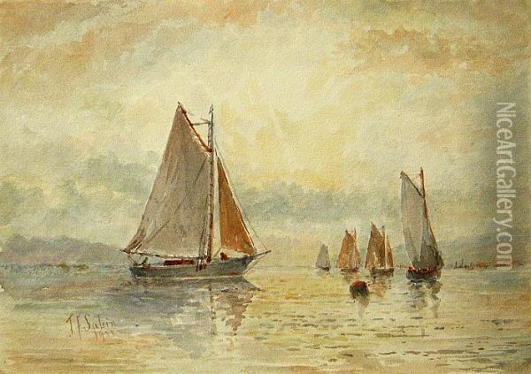 Sailboats At Sunset, 1923; Sailboats In A Harbor; Bait Shack On A Pier; Sailboat On Calm Water (group Of Four) Oil Painting - Joseph F. Sabin