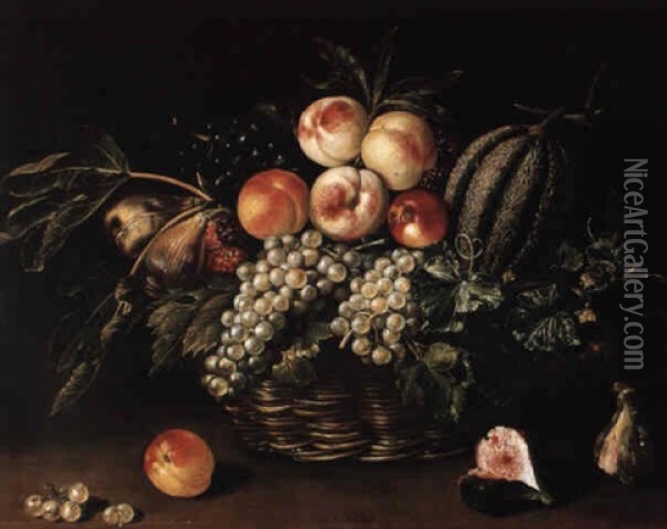 Still Life Of A Melon, Peaches, Grapes And Figs In A Basket Oil Painting - Jacques Linard