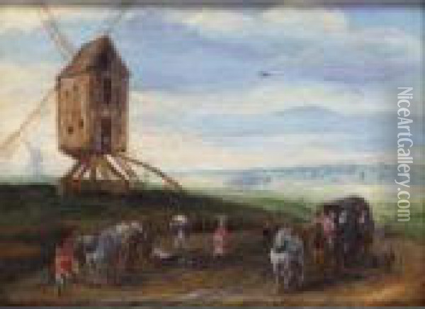 A Landscape With Waggoners On A Road Beside A Windmill Oil Painting - Jan Brueghel the Younger