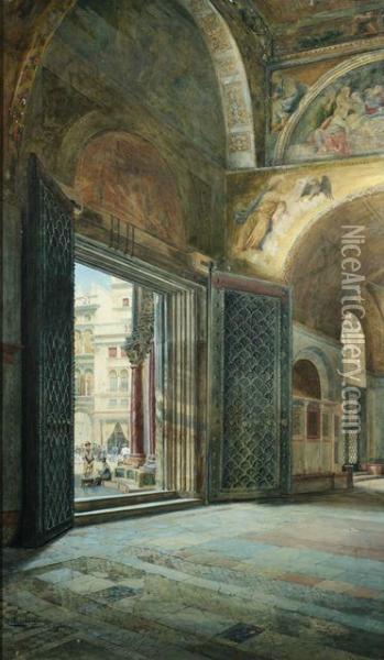 Blick Aus Der Vorhalle Der Basilika San Marco Auf Die Piazza Di San Marco In Venedig Oil Painting - Hermann Baumeister
