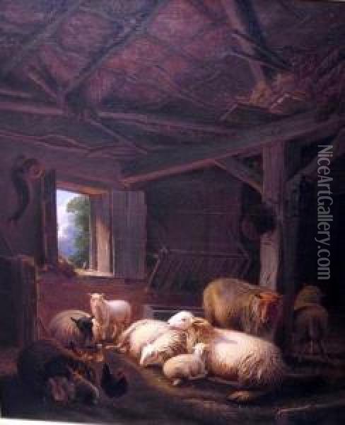 Stallszene Mit Schafen, Kaninchen Und Huhnern Oil Painting - Joseph Van Dieghem