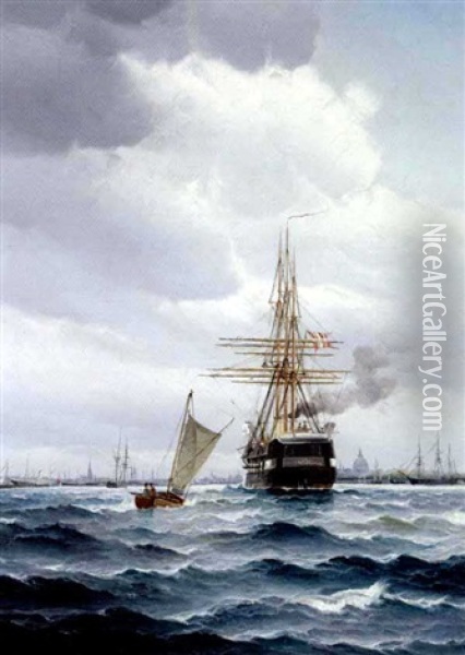 Marine Med Livlig Trafik Ud For Kobenhavn Oil Painting - Vilhelm Victor Bille