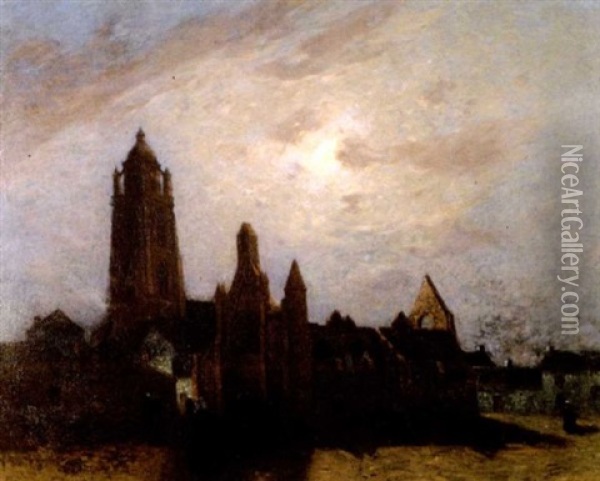 Pleine Lune Sur La Chapelle Du Murier Au Bourg De Batz Oil Painting - Ferdinand du Puigaudeau