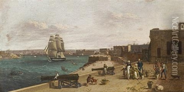 A Frigate Leaving The Grand Harbour, Watched By Townsfolk From The Lower Baracca, Valletta, Malta Oil Painting - Anton Schranz