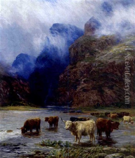 Highland Cattle Watering Oil Painting - Henry Garland