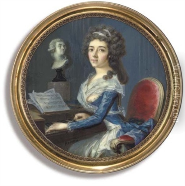 A Young Lady, Playing A Pianoforte, Seated In A Gilt-wood Red Upholstered Chair Oil Painting - Georges Antoine Keman