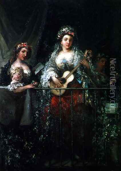 Ladies on a Balcony, 1862 Oil Painting - Eugenio Lucas Velazquez