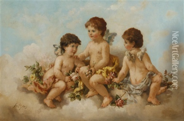 Three Cherubs Seated On A Cloud Holding Flowers Oil Painting - Charles Augustus Henry Lutyens