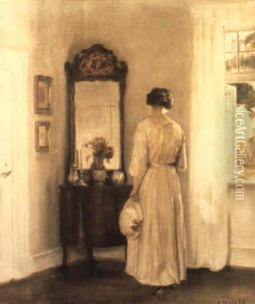 Interior Med Kvinna I Vitt Oil Painting - Carl Vilhelm Holsoe