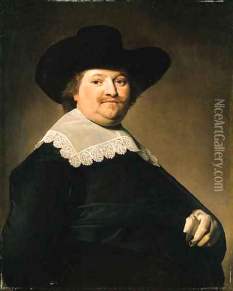Portrait of a Gentleman, half-length, wearing a black costume with a white lace collar and a black hat Oil Painting - Johannes Cornelisz. Verspronck