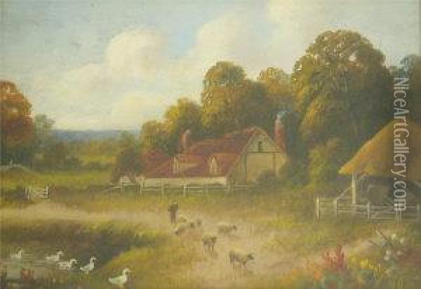 J H Lewis, Oil On 
Board,landscape With Shepherd, Sheep, Ducks In A Pond And Buildings, 
7insx 1ins Oil Painting - J. Lewis