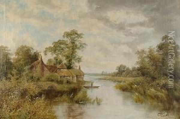 Country River Landscape With Timbered Cottages And Figure Punting Oil Painting - Octavius Thomas Clark