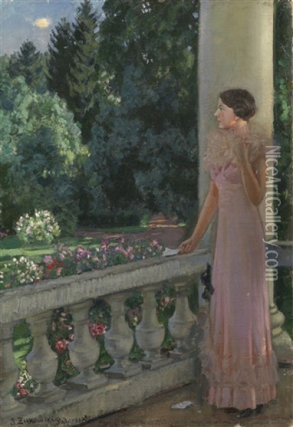Lady On A Balcony, Podorosk Estate, Belarus Oil Painting - Stanislav Yulianovich Zhukovsky