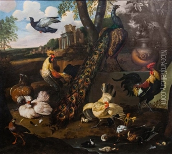 Naturaleza Muerta Con Aves Y Arquitecturas Oil Painting - Melchior de Hondecoeter