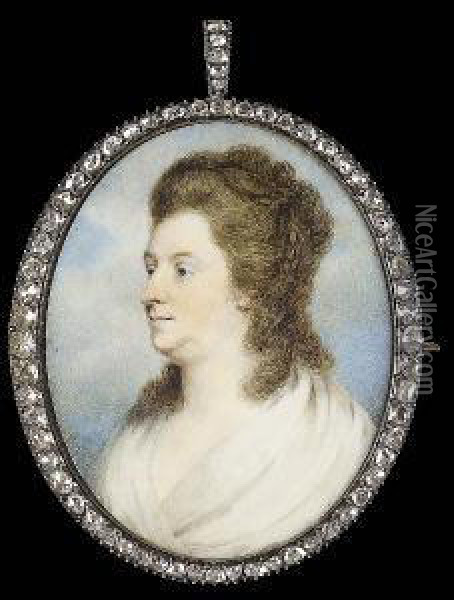 A Lady, Wearing White Fichu, Her Brown Hair Upswept And Held With A Plait Oil Painting - James Nixon