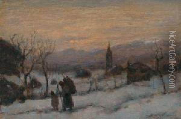 The Brushwood Gatherer In Winter Oil Painting - Vittore Antonio Cargnel