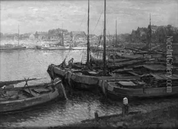 Moored Vessels In A Harbour Oil Painting - Kees Terlouw