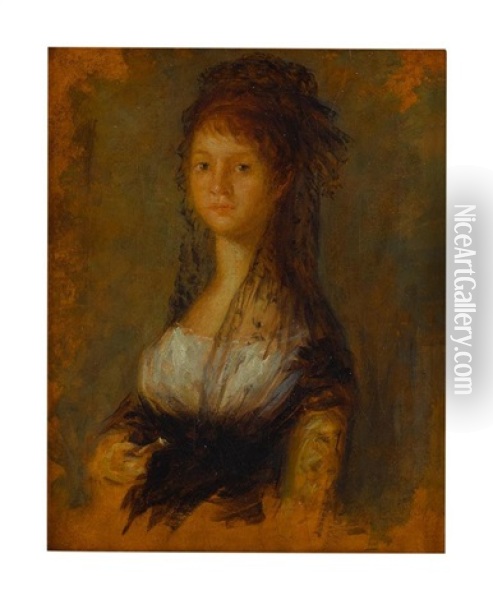 Portrait Of A Young Lady, Half Length, Wearing A White And Yellow Dress And A Mantilla Oil Painting - Francisco Goya