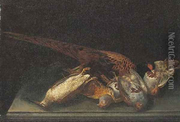 A dead pheasant, partridge and woodcock on a stone ledge Oil Painting - Ferdinand Phillip de Hamilton